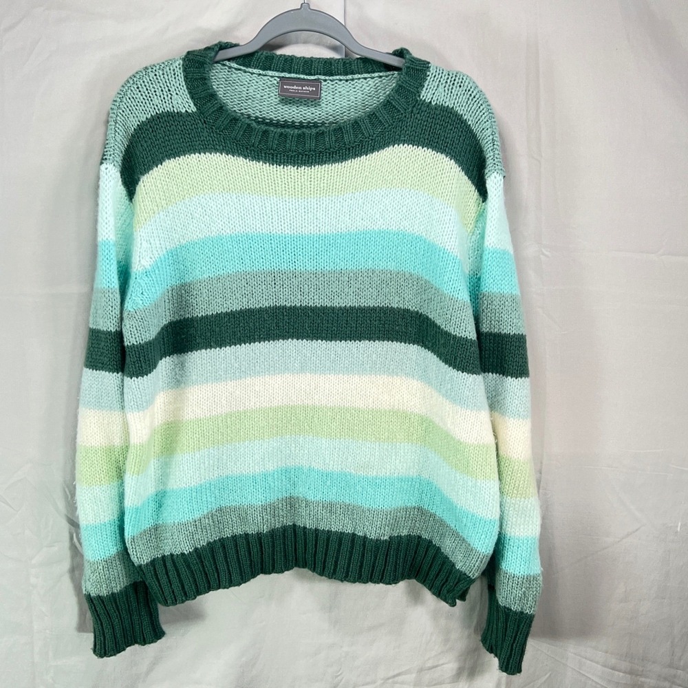 Wooden Ships Crew Neck knit Sweater Sz M/L Striped Green Mohair Wool Blend